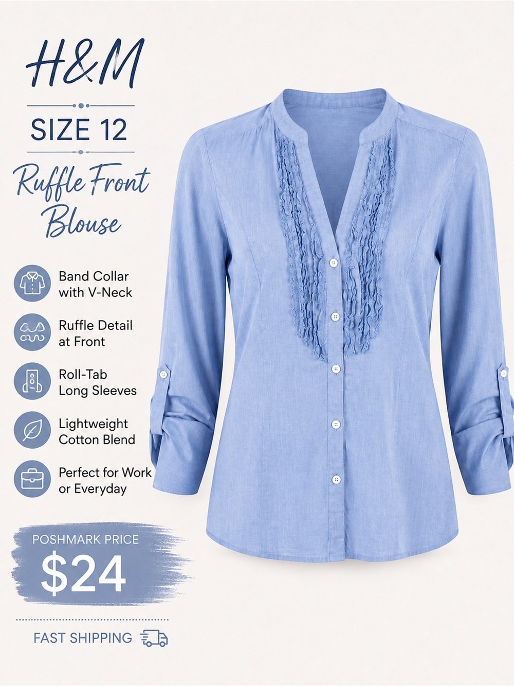 H&M Blue Ruffle Front Button Blouse Size 12 Roll Tab Long Sleeve Cotton Blend